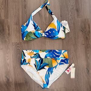 Calia Bikini U-Bar Tie Halter Top High Waist Bottoms Blue Floral Botanical XXL